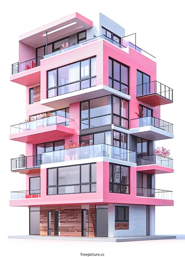 A pink modern apartment building with balconies and large windows
