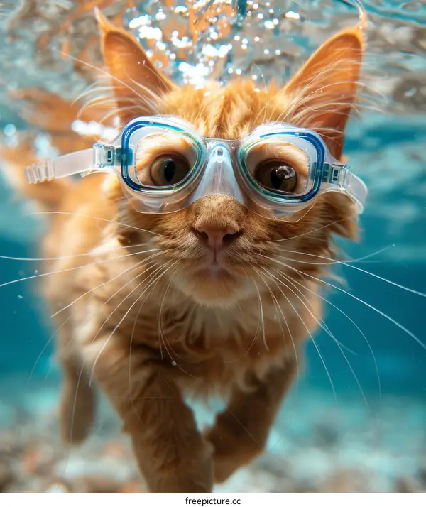 Ginger Cat Taking a Dip with Goggles