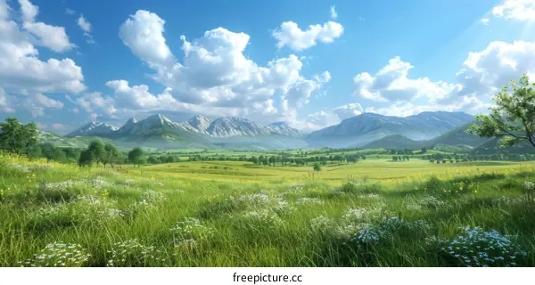 Nature's Serenity: Green Fields and Majestic Mountains