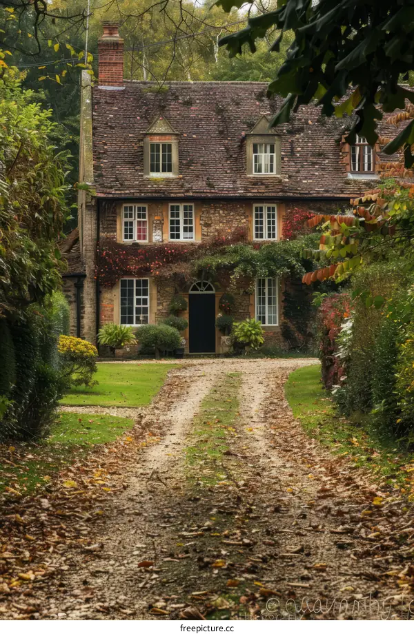 Charming English Country Cottage in Autumn Foliage
