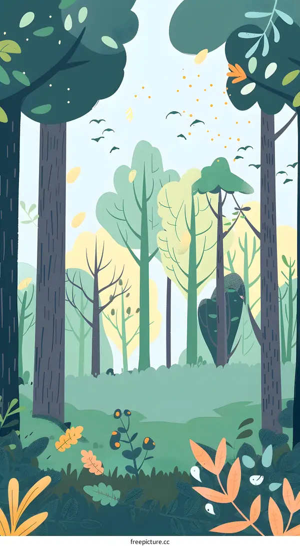 Forest Illustration with Green Trees and Birds
