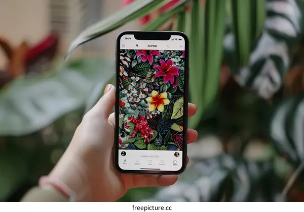 Hand Holding Smartphone with Floral Pattern on Screen