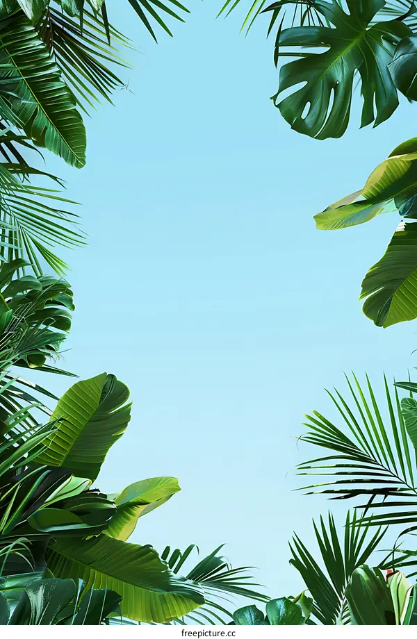 Tropical Leaves Frame with Blue Sky Background