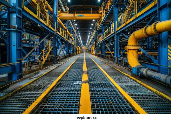 An industrial interior with blue and yellow pipes and walkways