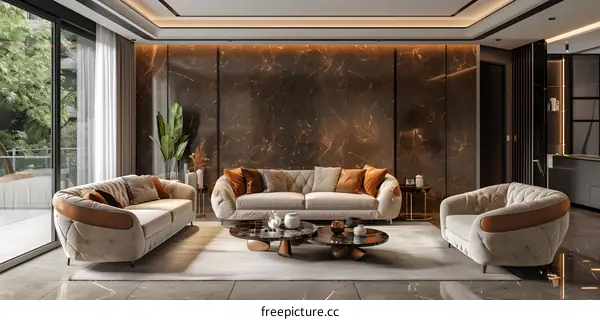 Living room with brown marble walls