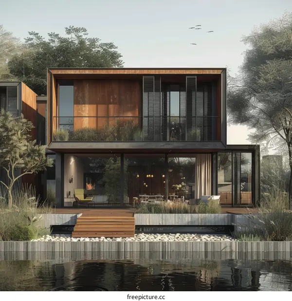 Modern lake house with wooden deck and large glass windows