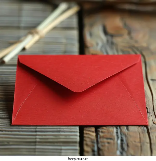 Red Envelope on Wooden Table