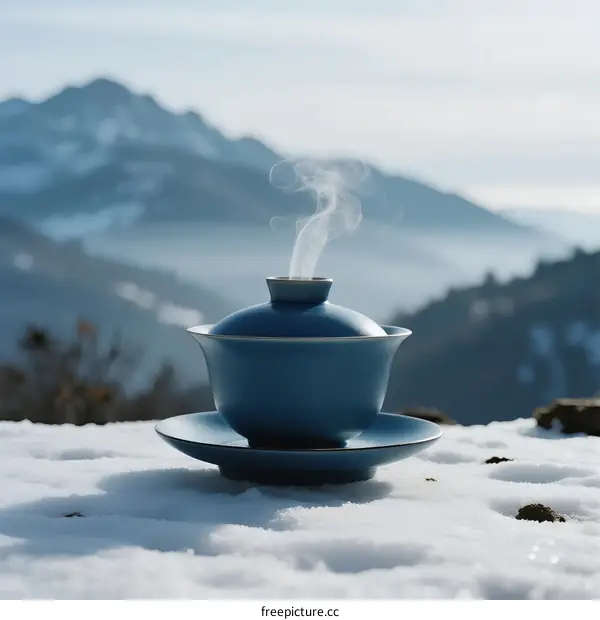 Blue Tea Cup with Steam on Snowy Mountain Landscape
