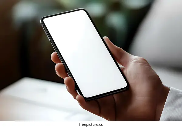 Smartphone held by a person in a modern setting