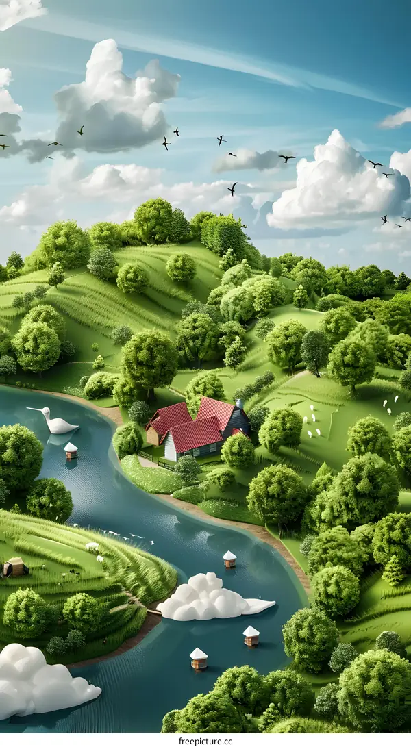 Dreamy Landscape With Clouds Floating On A River