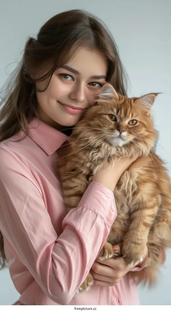A young woman is holding a ginger cat