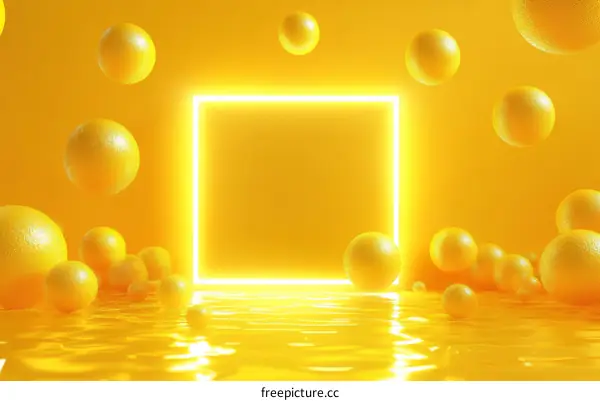 Abstract Yellow Geometric Scene with Floating Balls