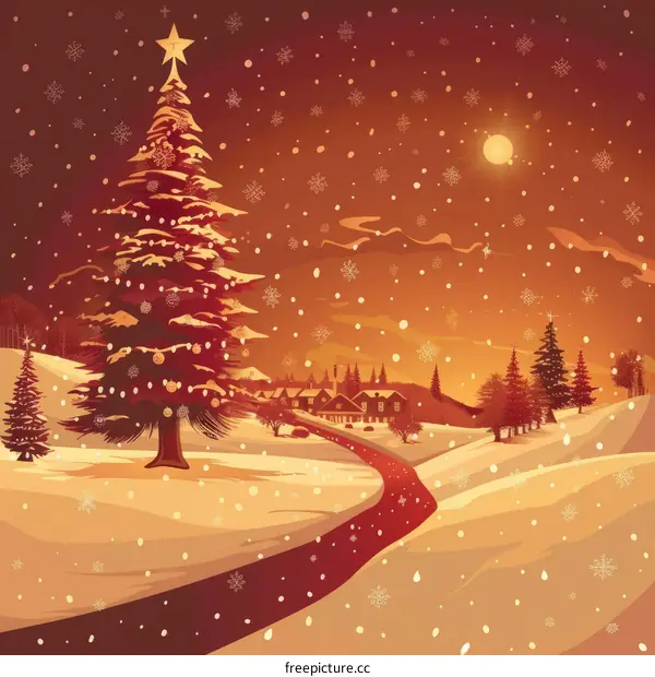 Snowy Christmas Village Landscape with Decorated Tree and Illuminated Houses in the Evening