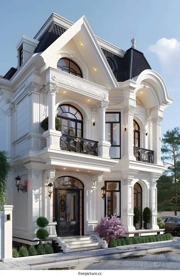 European style villa with white exterior and black roof