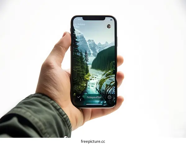 Hand Holding Smartphone with Mountain Landscape Photo on the Screen