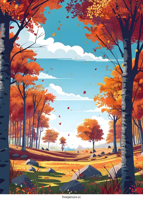 Autumn Forest Landscape Illustration with Falling Leaves