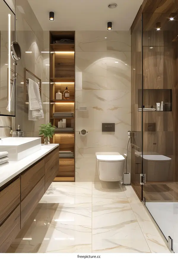 Modern Bathroom Interior Design with Wooden Cabinet and Marble Tiles