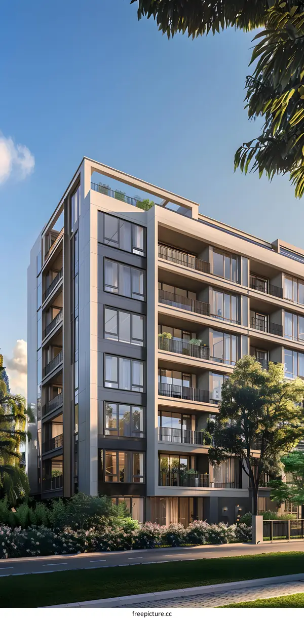 Modern Apartment Building with Balconies and Green Landscape