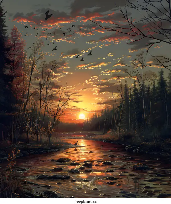 Sunset Landscape with River and Flying Birds