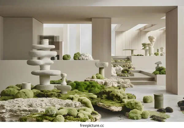 Abstract Sculpture and Moss Installation in Modern Interior Design