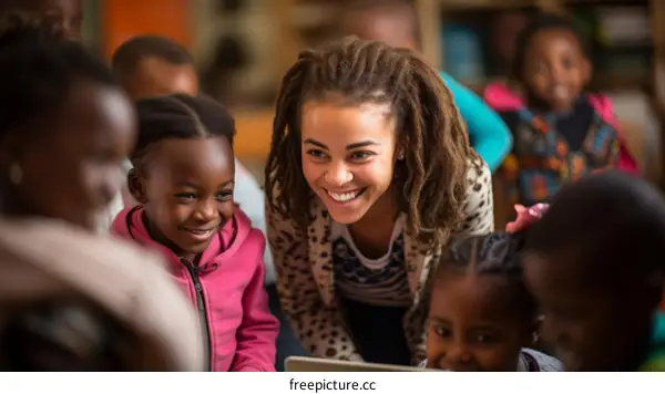 A smiling teacher and her students in a classroom