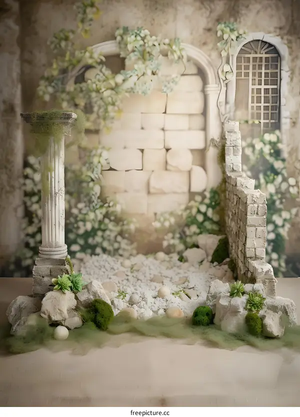 Stone Column and Broken Wall Backdrop with Moss and Pebbles