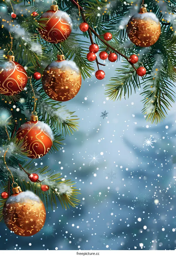 Christmas Tree With Ornaments And Snowflakes