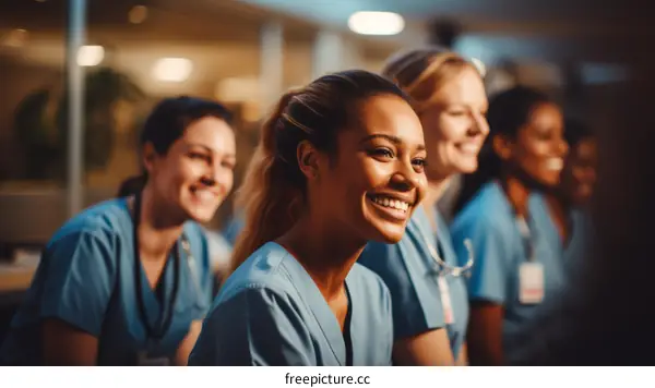 A group of diverse female healthcare professionals smiling and laughing together in a hospital setting