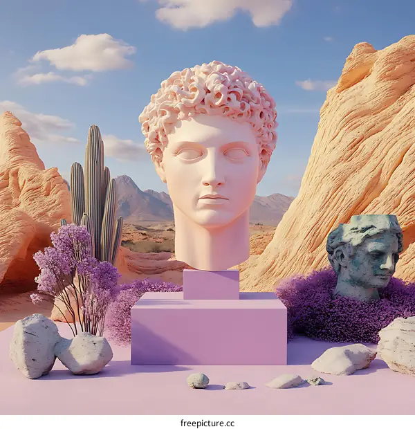 Classic Sculpture Head In Desert Landscape