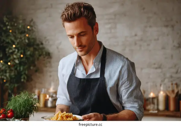 Man Preparing Pasta in Kitchen