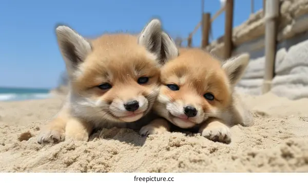Two cute fox kits lying on the beach