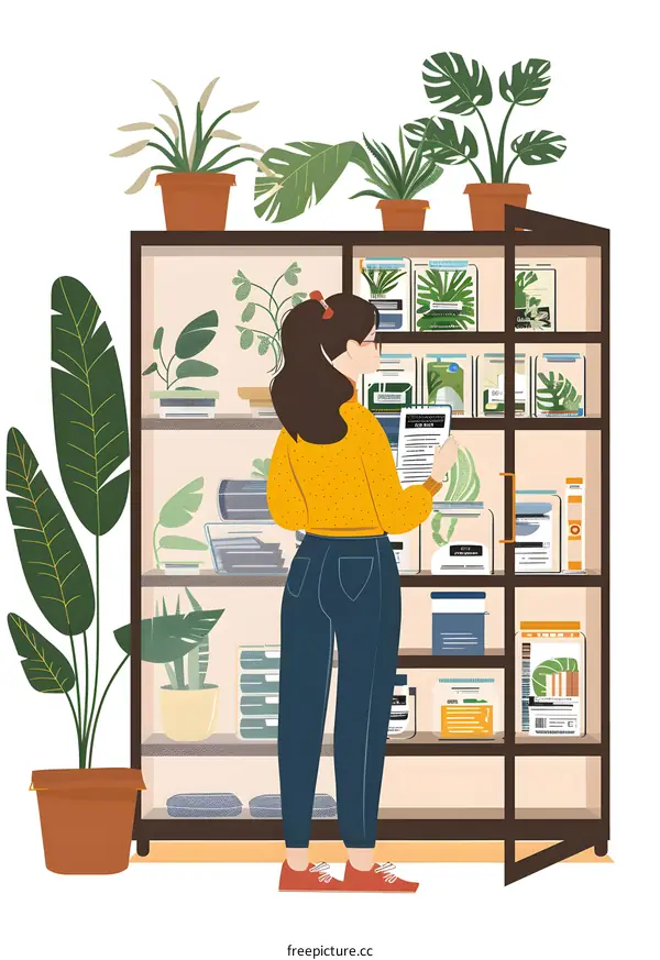 Woman Standing In Front Of Shelf With Plants