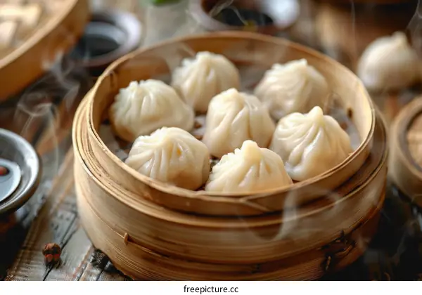 steamed dumplings in bamboo steamer