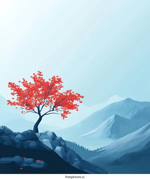Minimalist Illustration of a Single Red Tree on a Mountaintop