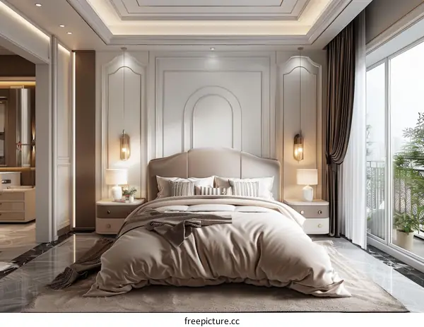 Modern Luxurious Bedroom Interior Design With White Walls And Beige Bedding
