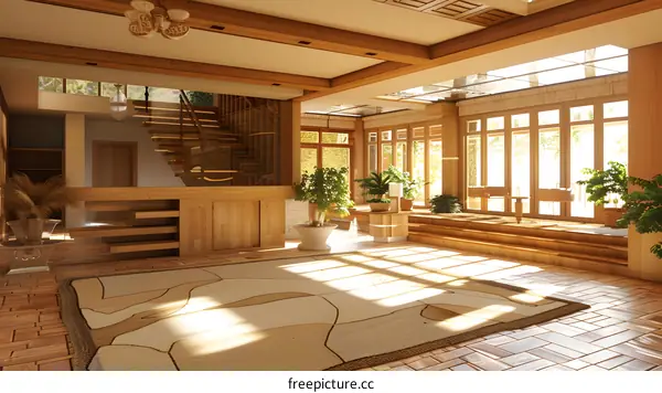 Modern Wooden Home Interior Design With Staircase And Large Windows