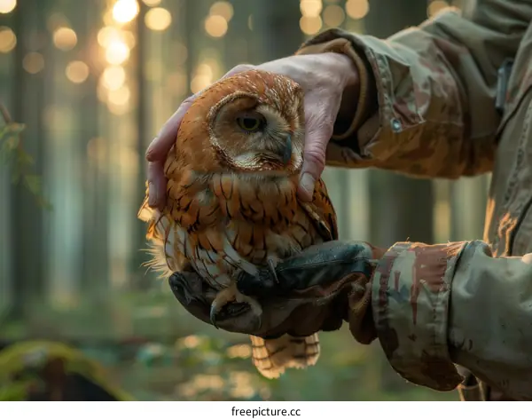 A Eurasian owl being held in a gloved hand