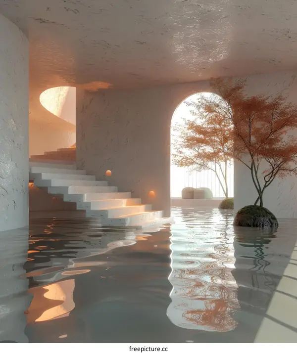 Submerged Future: Staircase and Tree in Flooded Room