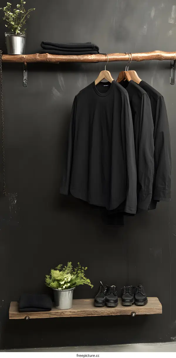 Black Clothes Hanging On Wooden Branch Shelf