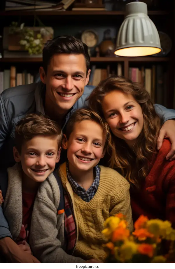 Happy family of four posing for a picture