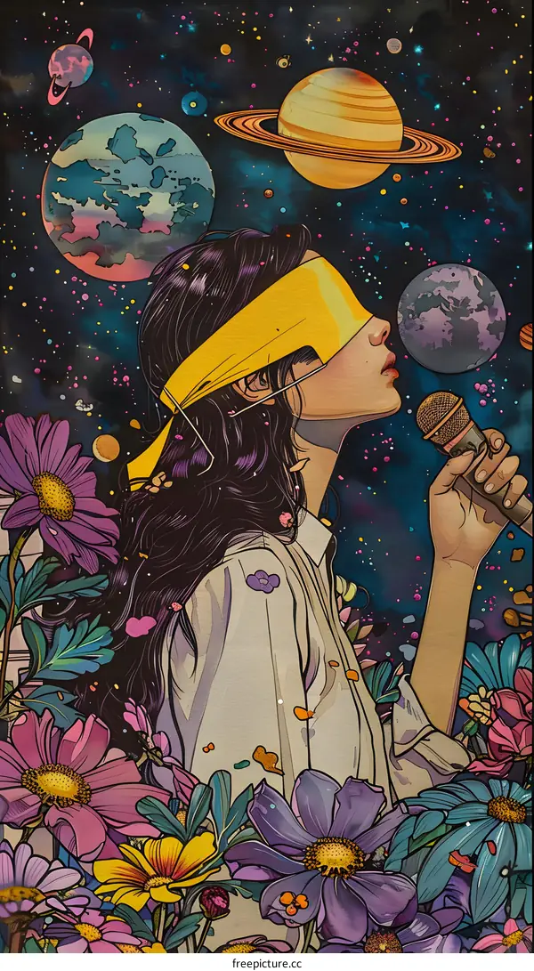 girl singing with planets and flowers