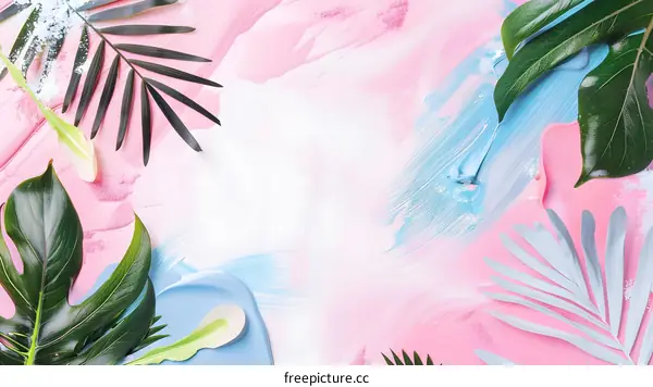 Tropical Leaves and Abstract Paint Background