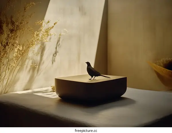 Minimalist Still Life with Bird on Wooden Block