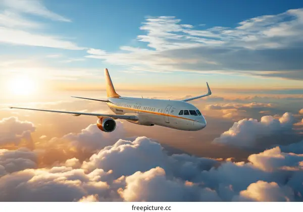 airplane flying above the clouds at sunset