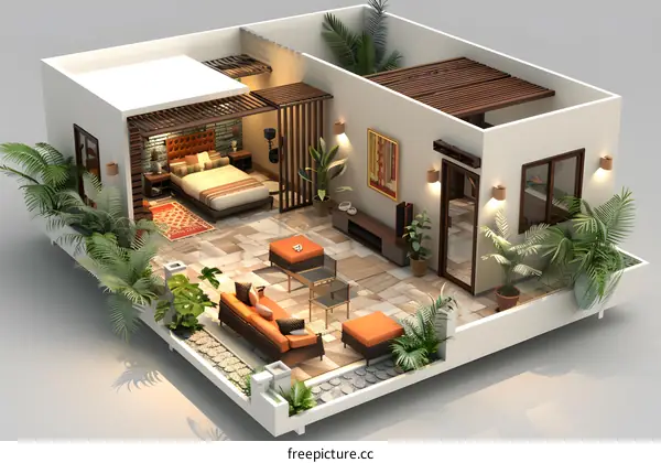 3D rendering of a modern house with a bedroom, living room, and bathroom. The house has a large terrace with a garden.