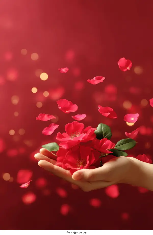 Red Roses Held in a Hand with Falling Petals