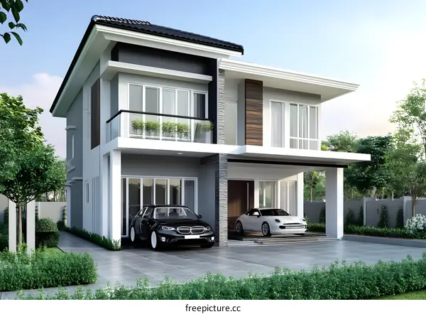 Modern House Design with Two Cars in Front of the Garage