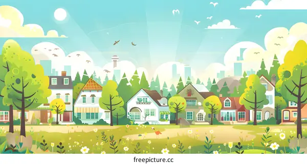 Cute Cartoon Illustration of a Suburban Neighborhood with Trees and Houses