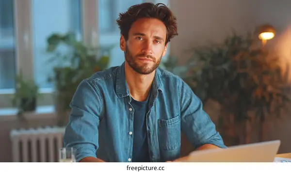 Focused Caucasian Man Working at Home