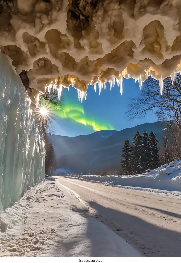 Frozen Waterfall Tunnel with Aurora Borealis